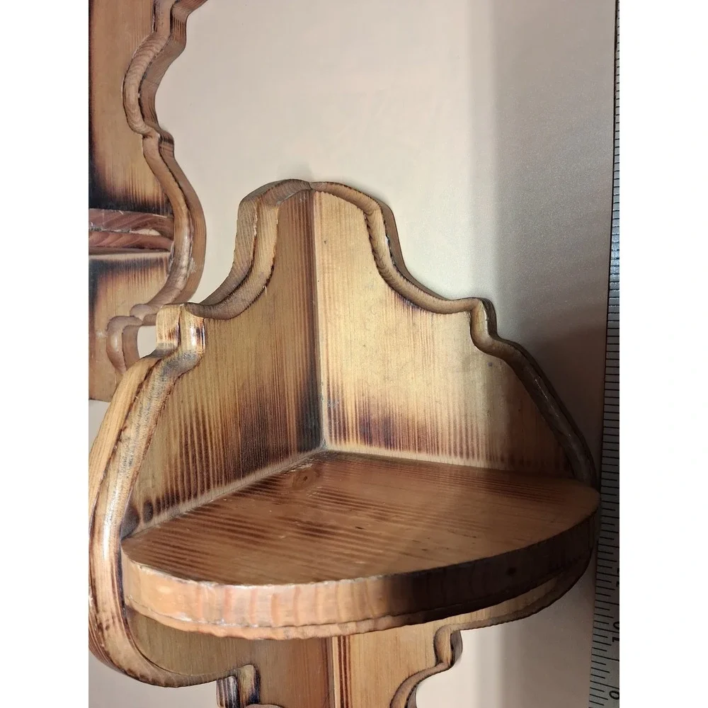 2 Vintage Carved Wood Corner Wall Shelfs W/Two Tiers